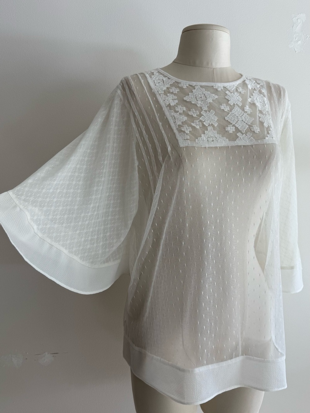 White Sheer Embroidered Square-Yoke Blouse